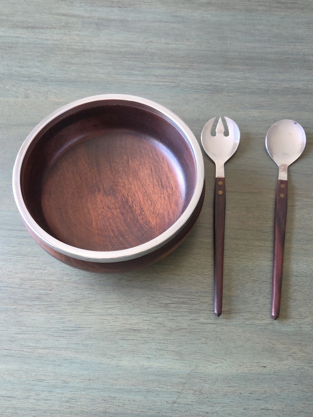 Vintage MCM Wooden Salad Bowl with Metal Rim and Matching Wood  Utensil Servers